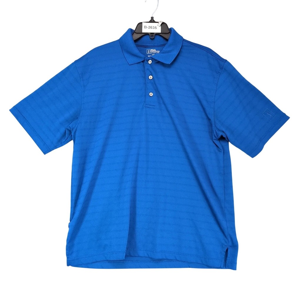 PGA Tour Blue Striped Polo Shirt Mens L Golf Performance Resort Casual Preppy